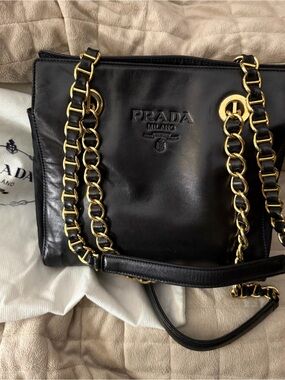 PRADA Black Leather Shoulder Bag w/Leather & Gold Chain Straps & 3 Large Pockets